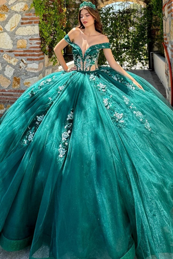 Langes Quinceanera-Kleid mit Herzausschnitt für Damen, trägerloses Korsett mit Blumenapplikationen, Perlenbesetztes Tüll-Ballkleid 