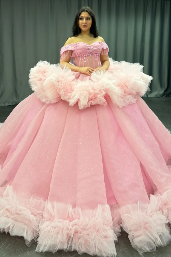 Langes Quinceanera-Kleid mit Herzausschnitt für Damen, trägerloses Korsett mit Blumenapplikationen, Perlenbesetztes Tüll-Ballkleid 