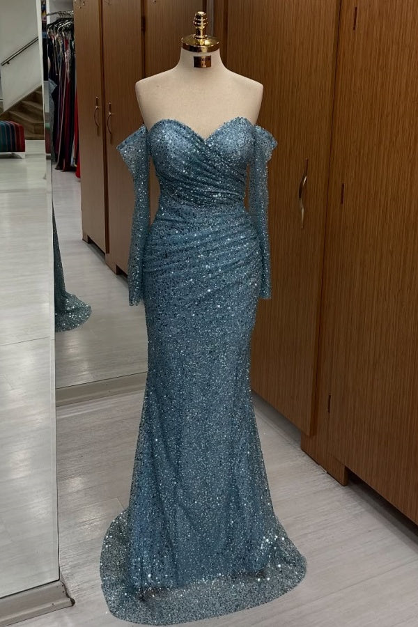 Off Shoulder Long Sleeves Pleated Ruched Sequins Prom Dress WU1497