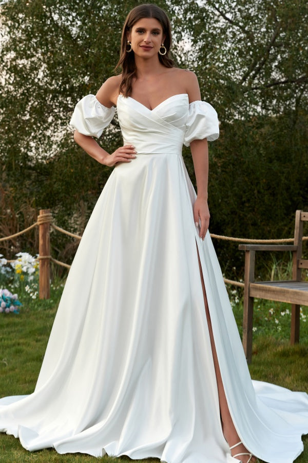 WW1002 - Simle & Elegant A-Line V Neck Detachable Short Lantern Sleeves Satin Wedding Dress Pleated Lace-Up Side Slit Bridal Gown