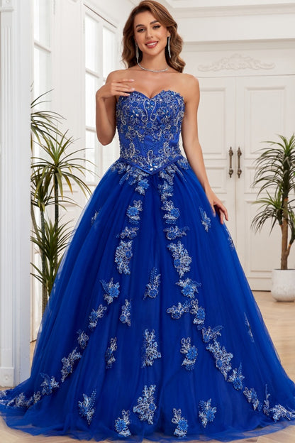 WQ1267 - Gorgeous & Luxuru Ball Gown Strapless Sleeveless Beaded Flower Appliques Royal Blue Tulle Quinceanera Dress Formal Evening Party Dress for Sweet 16