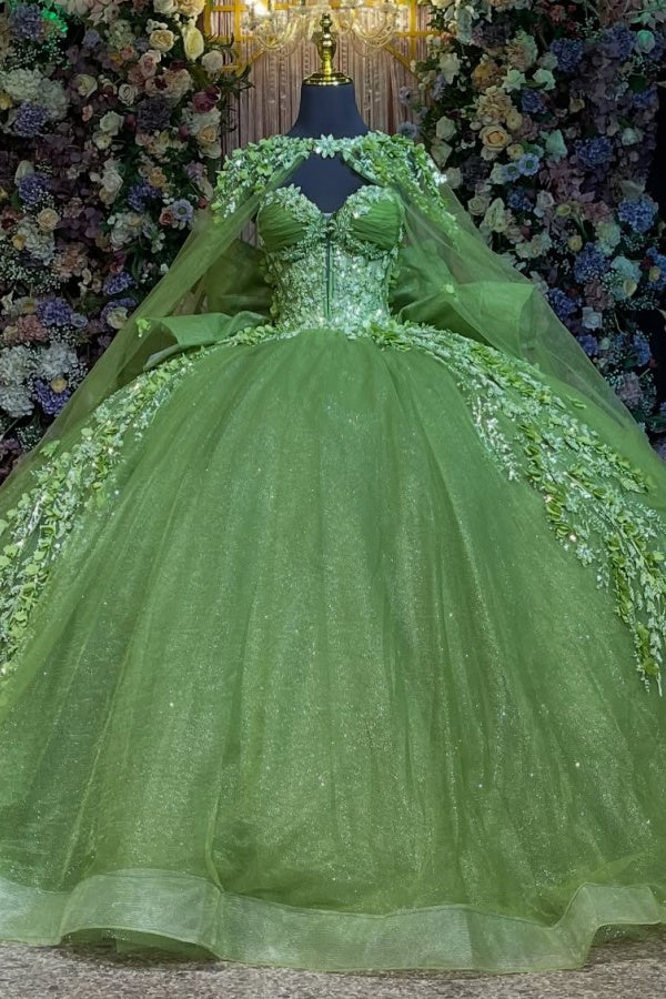 Langes Quinceanera-Kleid mit Herzausschnitt für Damen, trägerloses Korsett mit Blumenapplikationen, Perlenbesetztes Tüll-Ballkleid 
