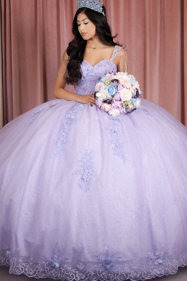 WQ1407 - Vestido de quinceañera de tul lila con escote corazón, tirantes finos, sin mangas, con cuentas y flores 3D (personalizable)