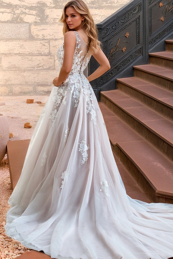 WW1022 - Chic & Modern A-Line V Neck Spaghetti Straps Appliques Button Tulle Boho Wedding Dress Beach Bride Gown