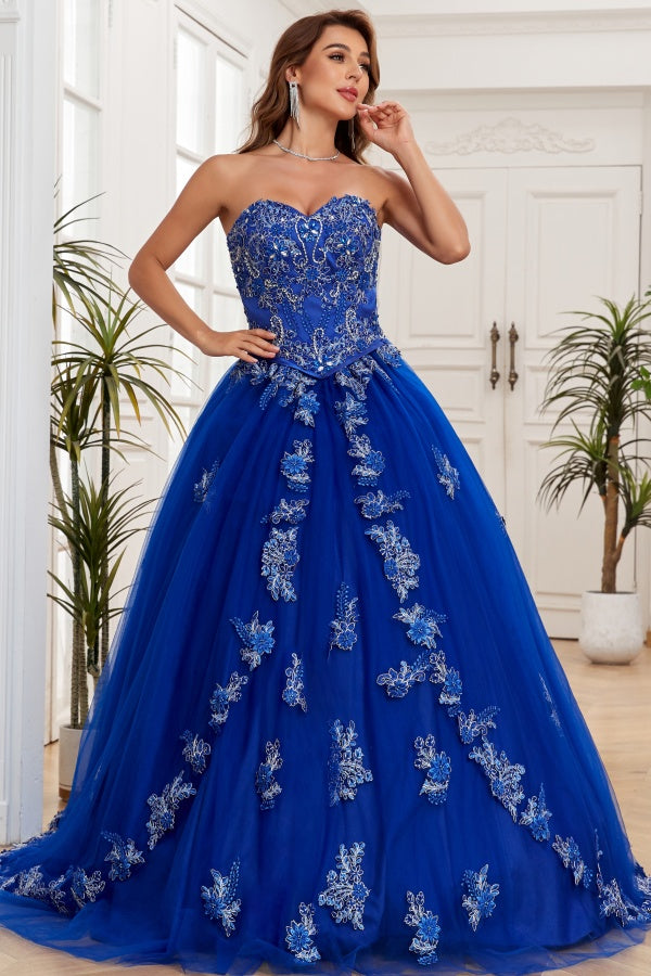 WQ1267 - Gorgeous & Luxuru Ball Gown Strapless Sleeveless Beaded Flower Appliques Royal Blue Tulle Quinceanera Dress Formal Evening Party Dress for Sweet 16