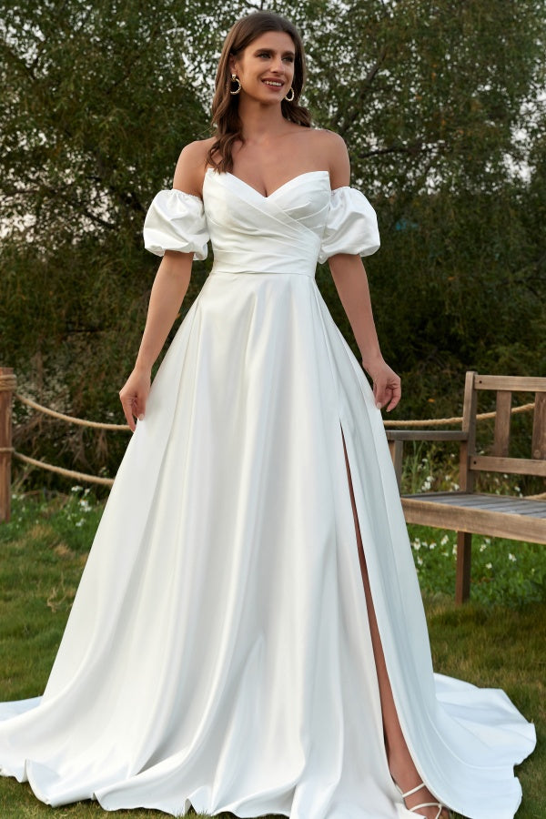 WW1002 - Simle & Elegant A-Line V Neck Detachable Short Lantern Sleeves Satin Wedding Dress Pleated Lace-Up Side Slit Bridal Gown