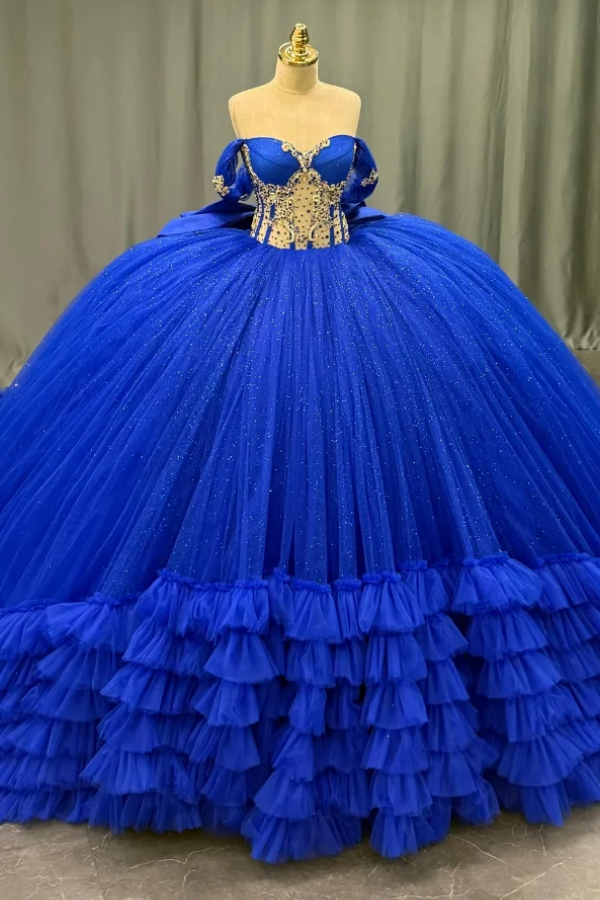 Langes Quinceanera-Kleid mit Herzausschnitt für Damen, trägerloses Korsett mit Blumenapplikationen, Perlenbesetztes Tüll-Ballkleid 