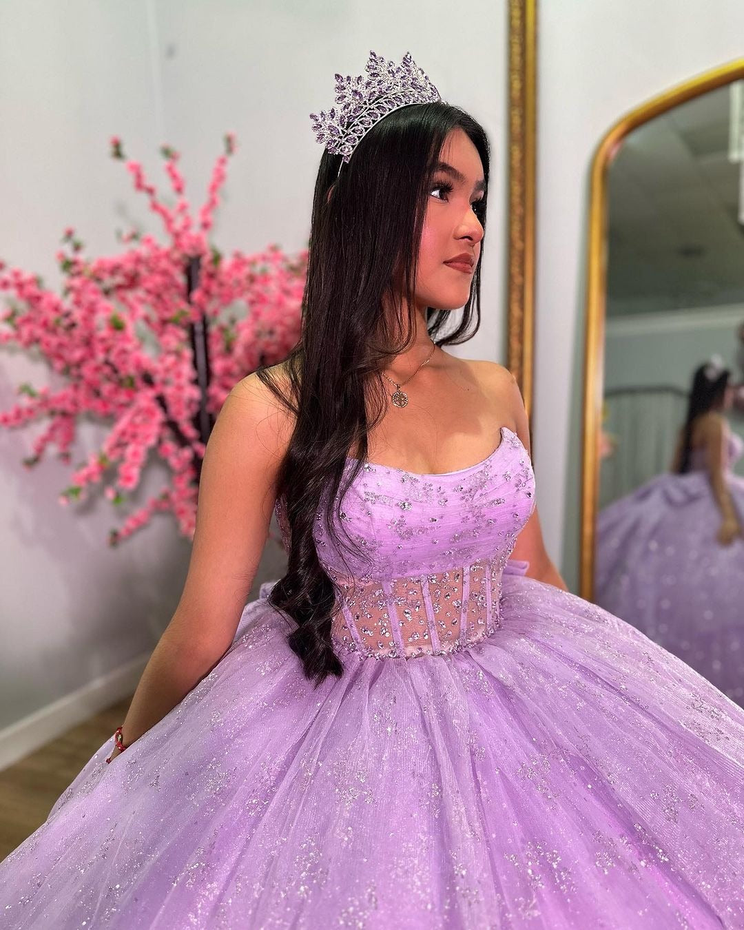 WQ1152 - Chic & Glitter Ball Gown Strapless Tiered Bow Knot Lilac Tulle Quinceanera DressPrincess Evening Party Gown for Sweet 16