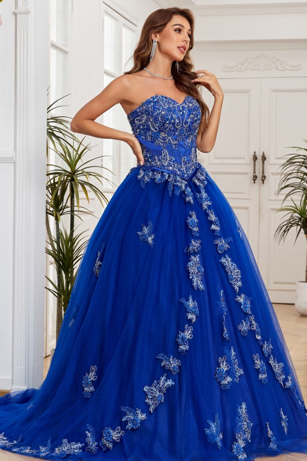 WQ1267 - Gorgeous & Luxuru Ball Gown Strapless Sleeveless Beaded Flower Appliques Royal Blue Tulle Quinceanera Dress Formal Evening Party Dress for Sweet 16