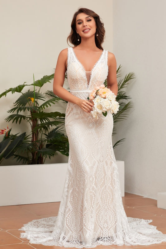 WW1006 - Chic & Modern Mermaid Low V Neck Straps Sleeveless Fully Lace Boho Wedding Dress Open Back Court Train Beach Bride Gown