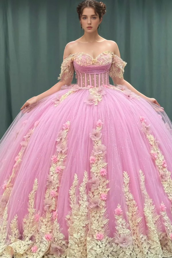Langes Quinceanera-Kleid mit Herzausschnitt für Damen, trägerloses Korsett mit Blumenapplikationen, Perlenbesetztes Tüll-Ballkleid 