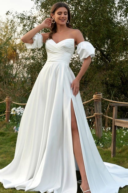 WW1002 - Simle & Elegant A-Line V Neck Detachable Short Lantern Sleeves Satin Wedding Dress Pleated Lace-Up Side Slit Bridal Gown