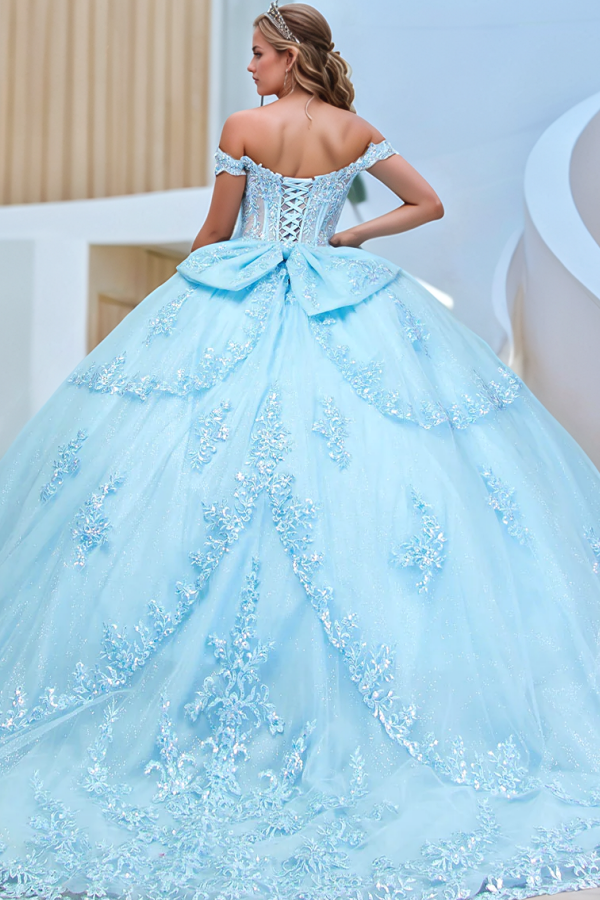 Langes Quinceanera-Kleid mit Herzausschnitt für Damen, trägerloses Korsett mit Blumenapplikationen, Perlenbesetztes Tüll-Ballkleid 