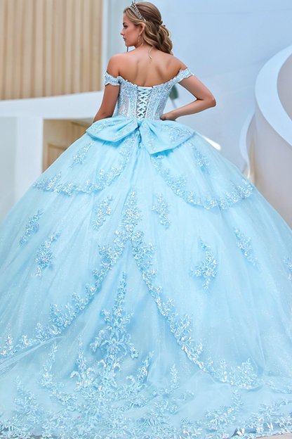 Langes Quinceanera-Kleid mit Herzausschnitt für Damen, trägerloses Korsett mit Blumenapplikationen, Perlenbesetztes Tüll-Ballkleid 