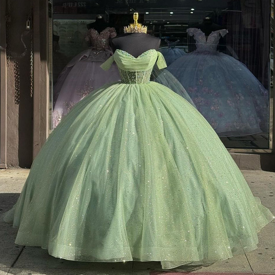 Robe de Quinceanera vert sauge à paillettes, robe de bal à épaules dénudées, robe de bal corset, robe de soirée en tulle pailleté perlé, robe de soirée princesse Sweet 15 16