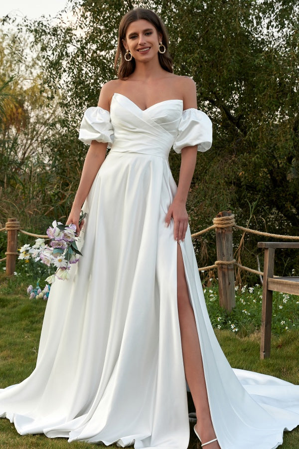 WW1002 - Simle & Elegant A-Line V Neck Detachable Short Lantern Sleeves Satin Wedding Dress Pleated Lace-Up Side Slit Bridal Gown