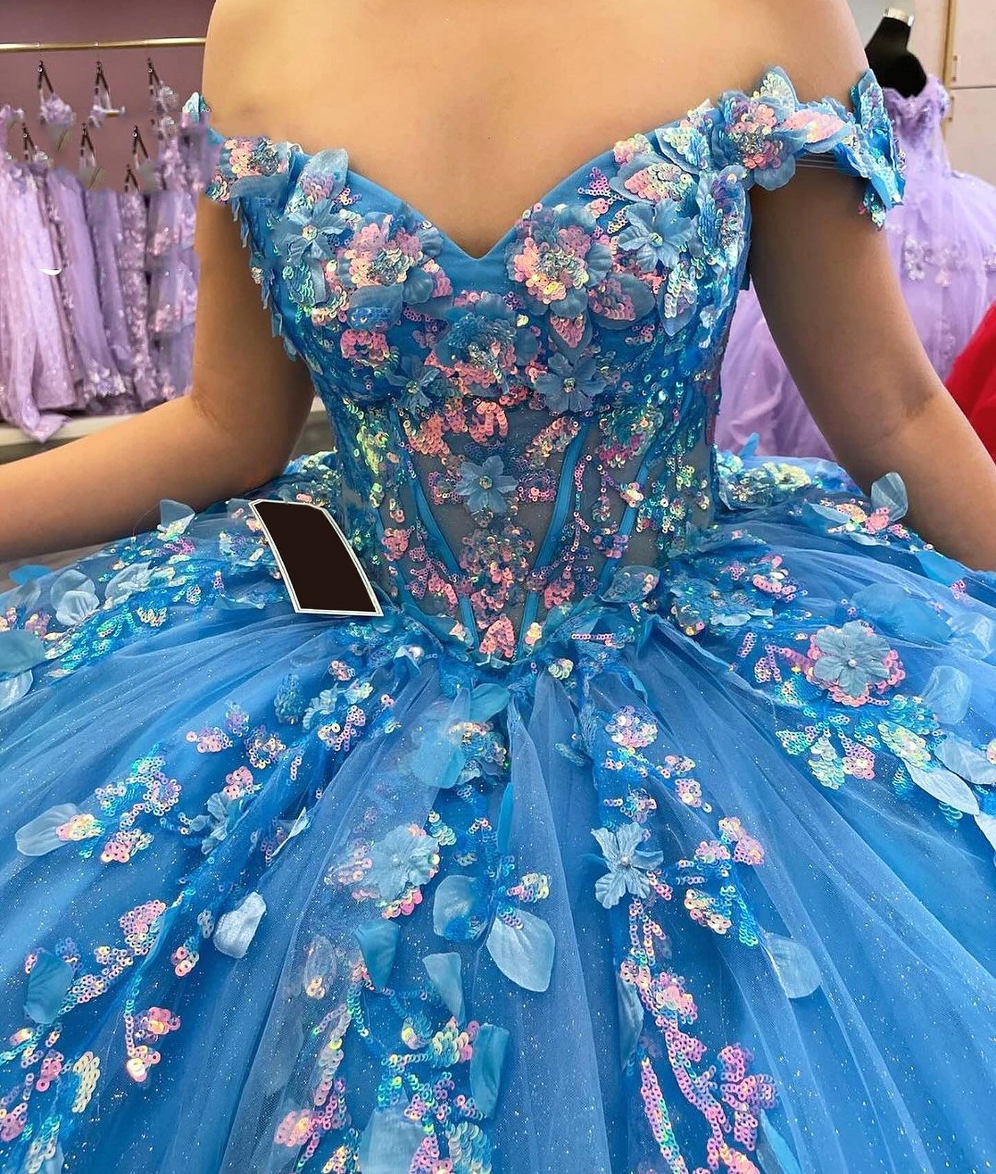 Blaue Quinceanera-Kleider, 3D-Blumenspitze, Applikationen, schulterfrei, Perlenkorsett, funkelnder Tüll, Sweet 16 Princess Birthday Party Prom Ballkleid