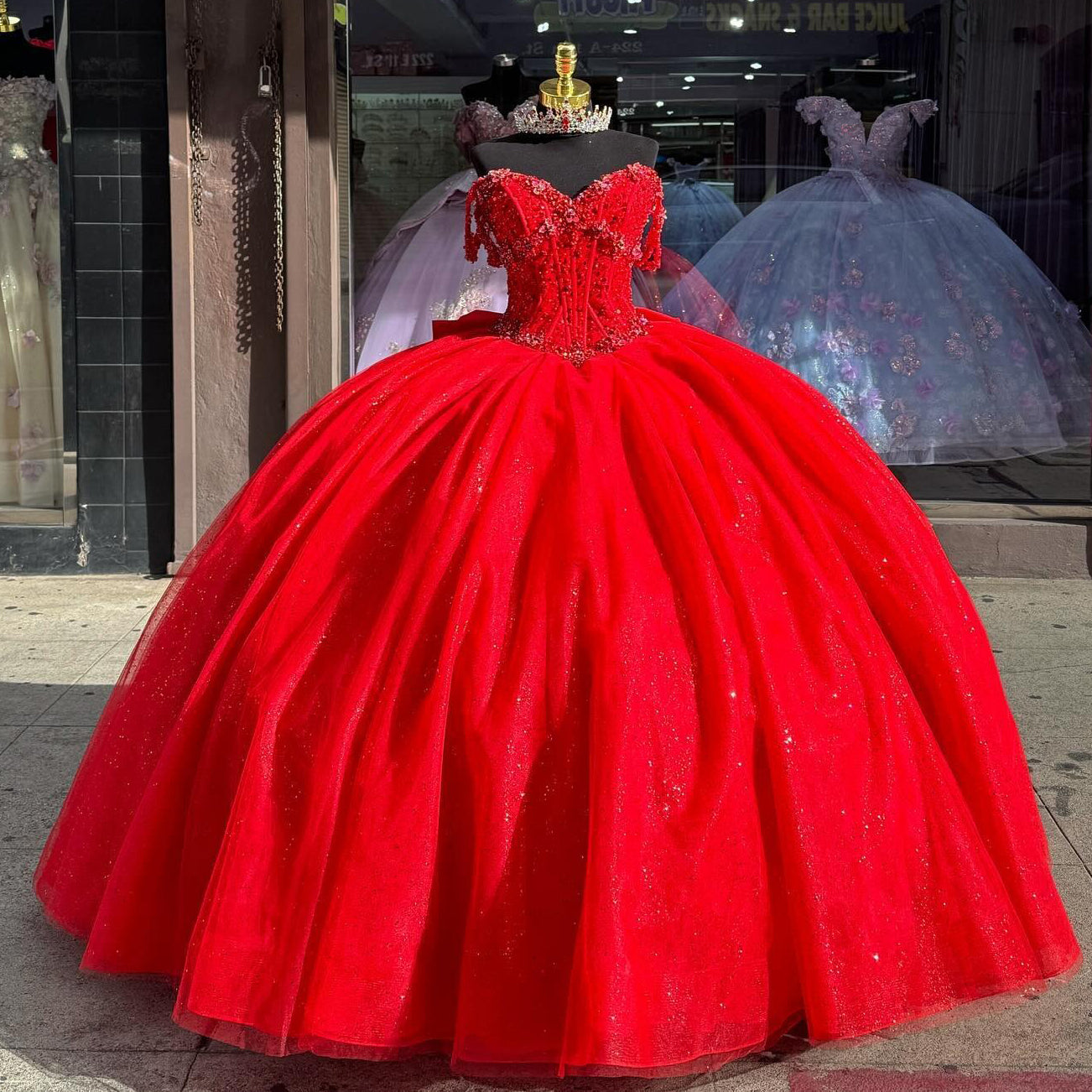 Rotes schulterfreies Sweetheart-Korsett-Ballkleid-Prinzessin-Quinceanera-Kleider, Perlenbesetztes Korsett, Glitzer-Tüll, Sweet 16-Kleid, Abschlussball-Partykleider