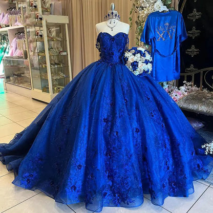 Royal Blue Glitter 3D Flowers Quinceanera Dresses Ball Gown Off The Shoulder Appliques Lace Beads Princess Sweet 16 Birthday Party Prom Dress