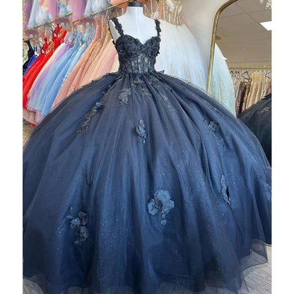 Marineblaue Quinceanera-Kleider mit Applikationen, Spitze, Perlen, herzförmiger Ausschnitt, Korsett, Ballkleid, Glitzer, Tüll, süßes 16. Geburtstagsparty-Kleid für Prinzessinnen