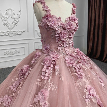 Robes de Quinceanera en dentelle à fleurs roses et appliques, robe de bal en tulle scintillant, épaules dénudées, robes de bal Sweet 15 16 pour femmes