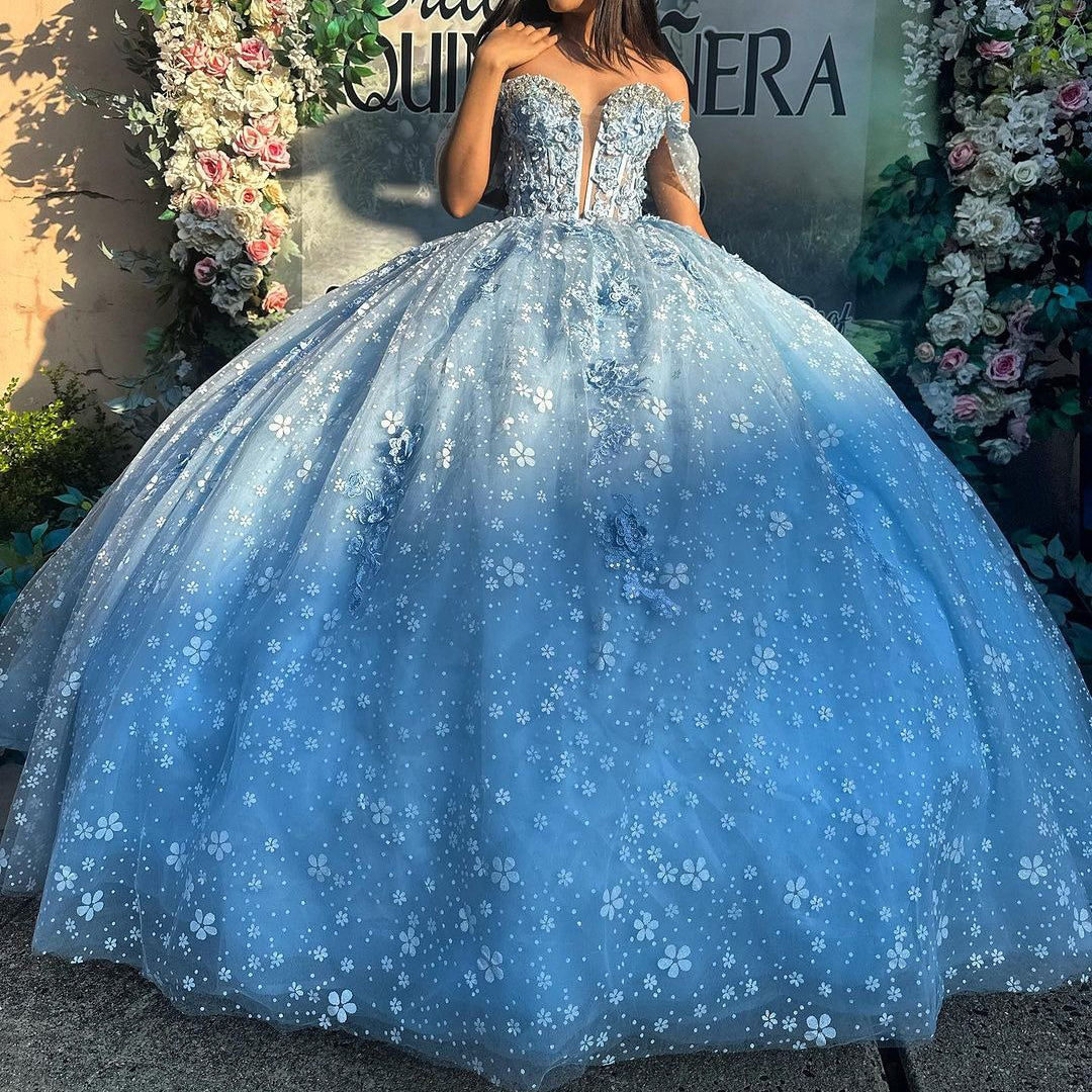 WQ1115 - Chic & Modern Ball Gown Off Shoulder Sweetheart Corset Flowers Lace Appliques Sky Blue Tulle Quinceanera Dress Princess Party Gown for Sweet 16