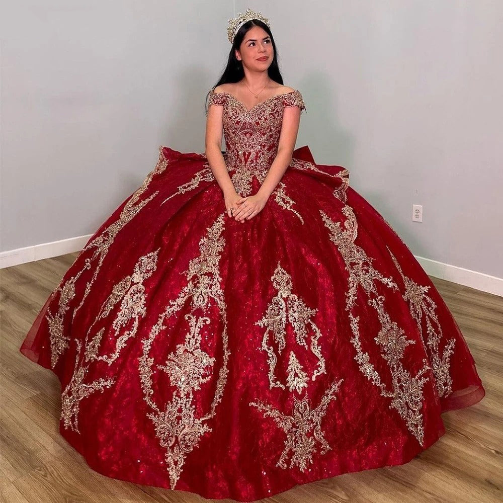 Sparkly Red Sweet 16 Ball Gown Quinceanera Dresses with Bow Beaded Lace Appliques Off Shoulder Tiered Ruffles Birthday Prom Party Gowns