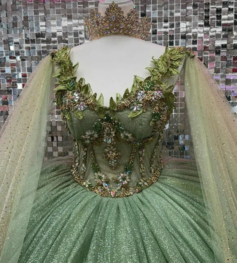 WQ1167 - Sparkly & Glitter Ball Gown V Neck Long Sleeves Flowers Appliques Beaded Sage Tulle Green Quinceanera Dress Formal Evening Party Gown for Sweet 16