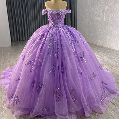 Purple Off Shoulder Sweetheart Puffy Quinceanera Dresses Lace Appliques Beaded Corset Glitter Tulle Sweet 16 Dress Prom Party Gowns