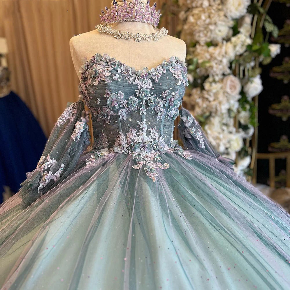 Sweetheart Corset Ball Gown Off Shoulder Quinceanera Dresses with Sleeves 3D Flowers Appliques Sparkly Beaded Tulle Lace Up Sweet 16 Dress Princess Party Gown