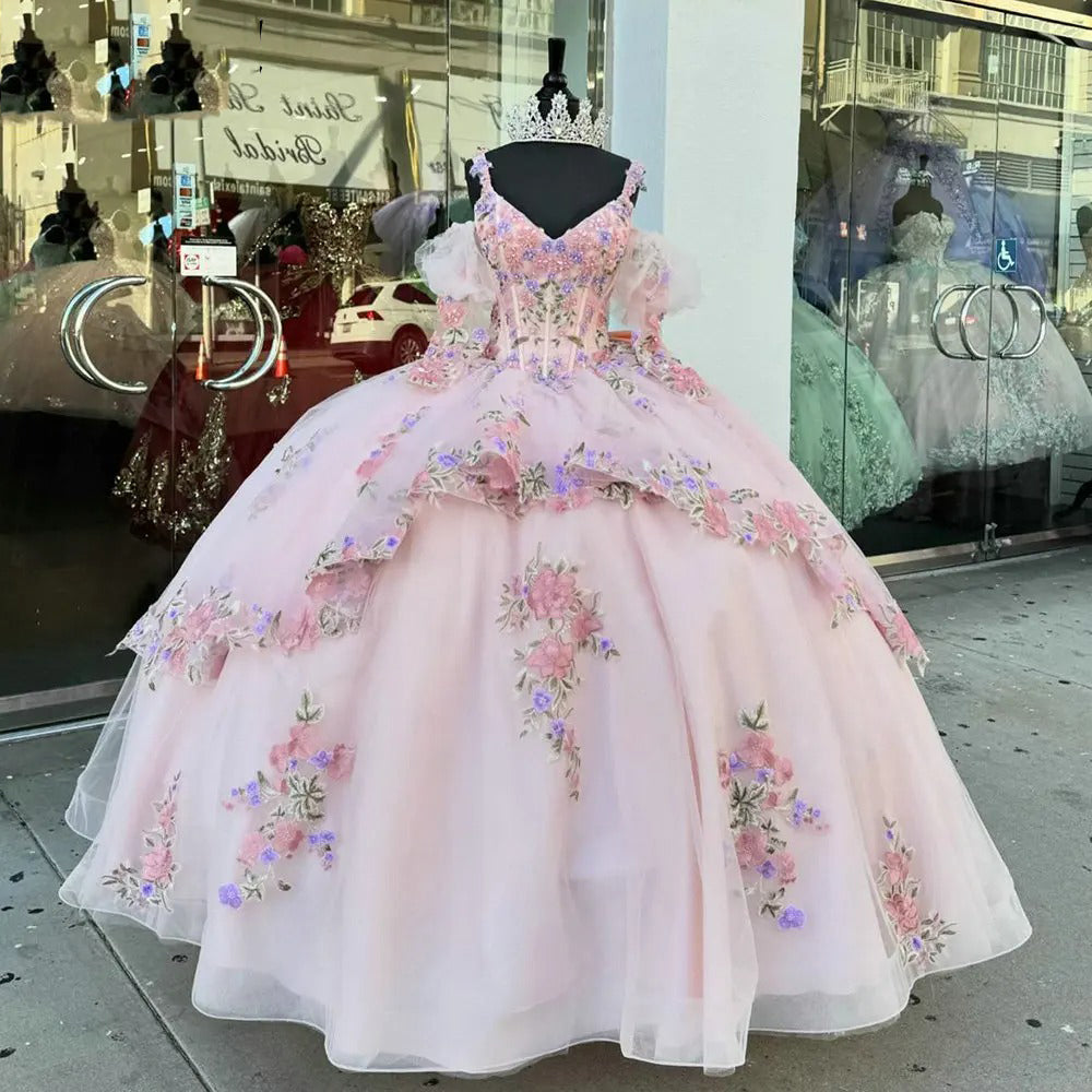 Pink Quinceanera Dresses V Neck Spaghetti Straps Ball Gown Puff Sleeves Floral Appliques Lace Beading Corset Tiered Ruffles Bow Sweet 16 Party Gown