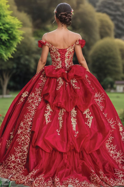 WQ1292 - Sexy & Hot Ball Gown Off Shoulder Gold Flower Appliques Lace Up Tiered Red Tulle Quinceanera Dress Birthday Party Dress for Sweet 16