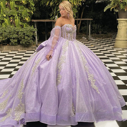 Lilac Princess Quinceanera Dresses with Long Sleeve Glitter Strapless Corset Lace Appliques Beaded Bow Sparkly Prom Party Gown Sweet 16 Dress