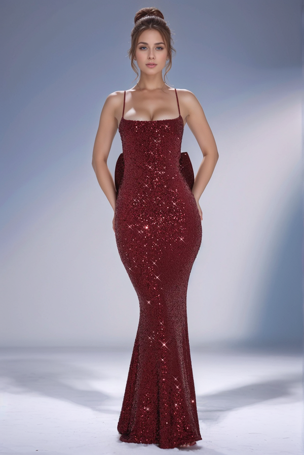 WU1068 - Sexy &amp; heißes Meerjungfrauen-Abendkleid mit eckigen Spaghettiträgern, ärmellos, offenem Rücken, bodenlanges Ballkleid, komplett mit Pailletten besetzt, Kleid für besondere Anlässe, Abendkleid, Partykleid mit Schleife