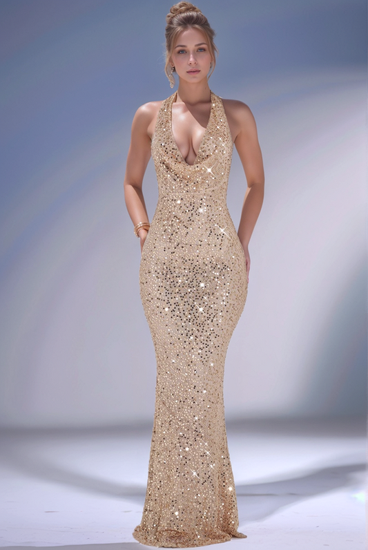 WU1069 - Glamours & Glitter Mermaid Low V Neck Halter Sleeveless Fully Sequins Backless Floor Length Evening Party Dress Semi-Formal Prom Dress Cocktail Dress Wedding Guest Dress