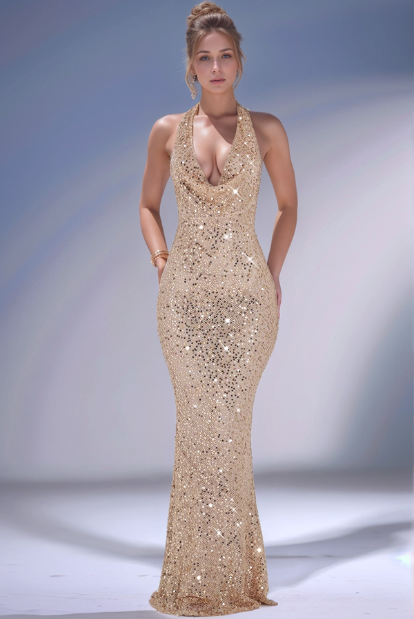 WU1069 - Glamours &amp; Glitter Meerjungfrau-Kleid mit tiefem V-Ausschnitt, Neckholder, ärmellos, komplett mit Pailletten besetzt, rückenfrei, bodenlang, Abendkleid, Partykleid, halbformelles Ballkleid, Cocktailkleid, Kleid für Hochzeitsgäste