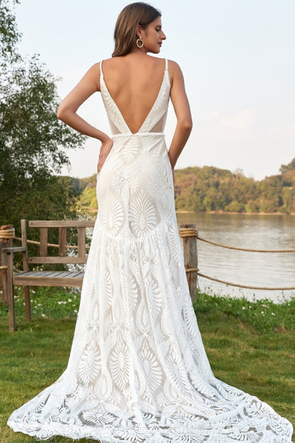 WW1001 - Gorgeous Mermaid V Neck Spaghetti Straps Sleeveless Fully Lace Bohemian Wedding Dress V Back Open Back Floor Length Court Train Bridal Gown