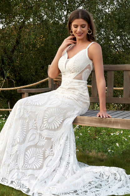 WW1001 - Gorgeous Mermaid V Neck Spaghetti Straps Sleeveless Fully Lace Bohemian Wedding Dress V Back Open Back Floor Length Court Train Bridal Gown