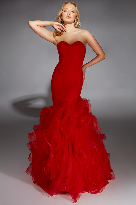 WU1086 - Sexy Mermaid Strapless Sleeveless Tulle Tiered Formal Prom Gown Red Floor Length Evenng Party Dress Wedding Guest Dress