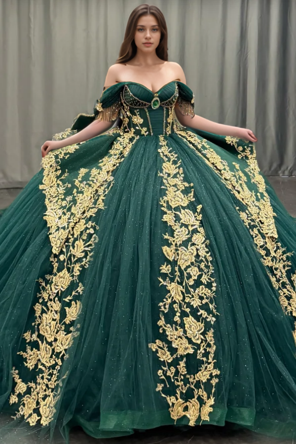 Langes Quinceanera-Kleid mit Herzausschnitt für Damen, trägerloses Korsett mit Blumenapplikationen, Perlenbesetztes Tüll-Ballkleid 