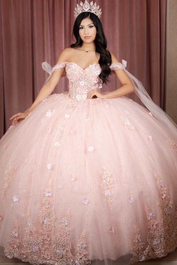 Langes Quinceanera-Kleid mit Herzausschnitt für Damen, trägerloses Korsett mit Blumenapplikationen, Perlenbesetztes Tüll-Ballkleid 