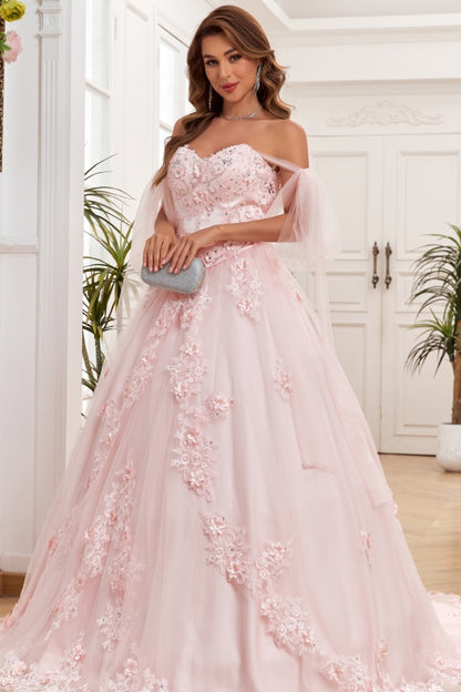 WQ1266 - Elegant & Modern Ball Gown Off Shoulder Sleeveless Beaded Flower Appliques Baby Pink Tulle Quinceanera Dress Formal Evening Gown for Sweet 16