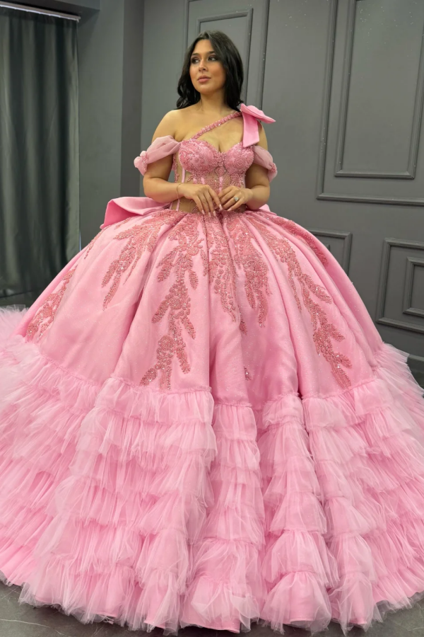 Langes Quinceanera-Kleid mit Herzausschnitt für Damen, trägerloses Korsett mit Blumenapplikationen, Perlenbesetztes Tüll-Ballkleid 