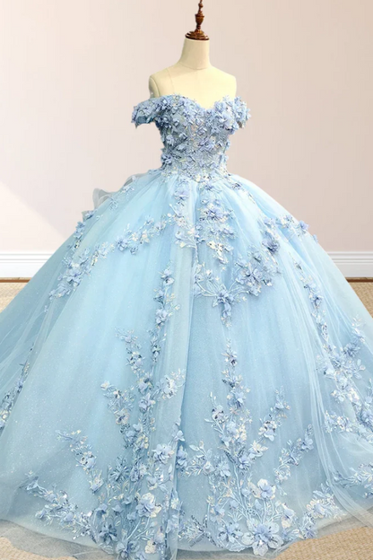 WQ1291 - Chic & Modern Ball Gown Off Shoulder 3D Flower Appliques Lace Up Sweep Train Baby Blue Tulle Quinceanera Dress Birthday Party Dress for Sweet 16