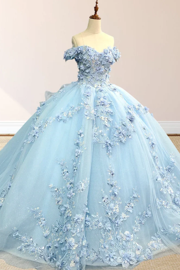 Langes Quinceanera-Kleid mit Herzausschnitt für Damen, trägerloses Korsett mit Blumenapplikationen, Perlenbesetztes Tüll-Ballkleid 