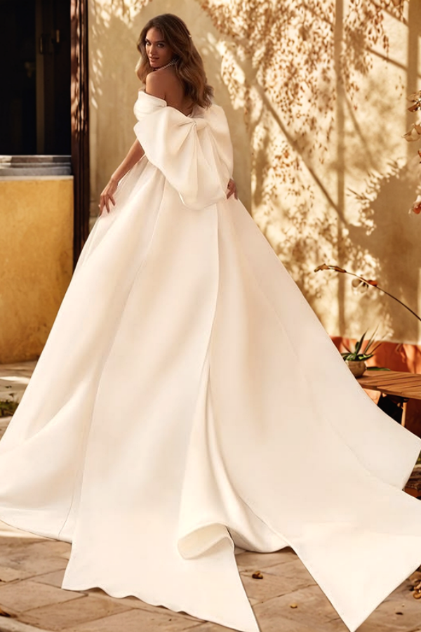 WW1010 - Elegant & Gorgeous A-Line Off Shoulder Sleeveless Pleated Satin Wedding Dress High Side Slit Court Train Bride Gown with Bow Kont