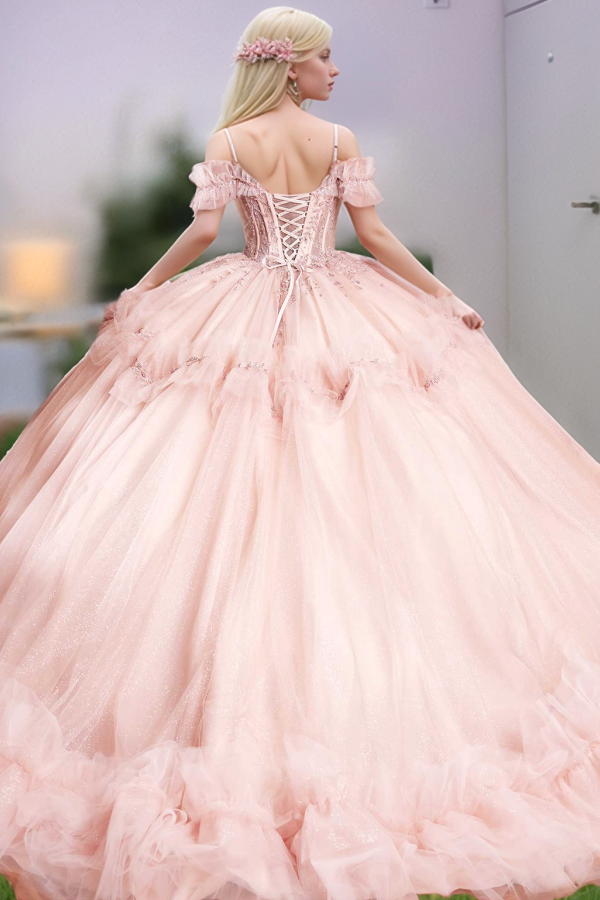 WQ1276 - Chic & Cute Ball Gown Off Shoulder Spaghetti Straps Appliques Sequins Beaded Tiered Baby Pink Tulle Quinceanera Dress Birthday Party Dress for Sweet 16