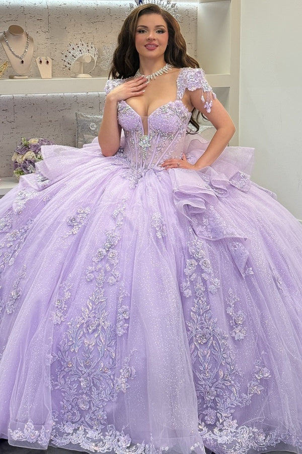 WQ1450 - Vestido de fiesta sin tirantes, sin mangas, con cuentas, volantes, lentejuelas, tul, capas, tul brillante, vestido de quinceañera, vestido de fiesta de cumpleaños, vestido formal de noche para dulces 16