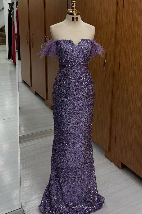 Off Shoulder Sleeveless Feather Sequins Prom Dress WU1496