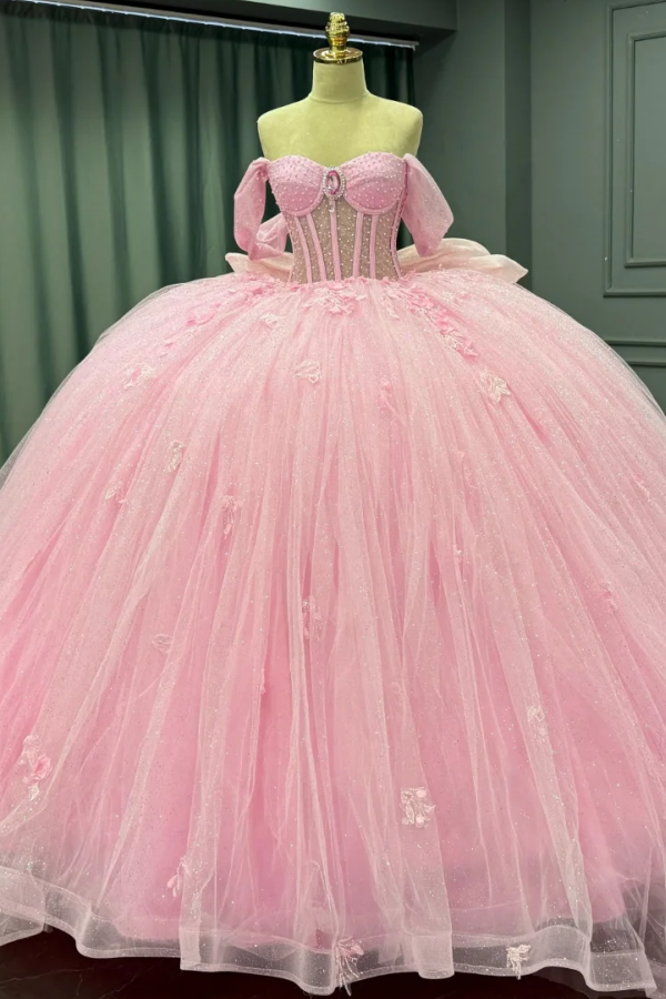 Langes Quinceanera-Kleid mit Herzausschnitt für Damen, trägerloses Korsett mit Blumenapplikationen, Perlenbesetztes Tüll-Ballkleid 